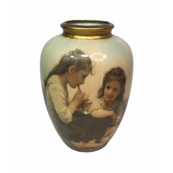 Vintage 8" House of LLoyd Vase Decoupage Porcelain with gold Trim girls flute - Picture 7 of 7